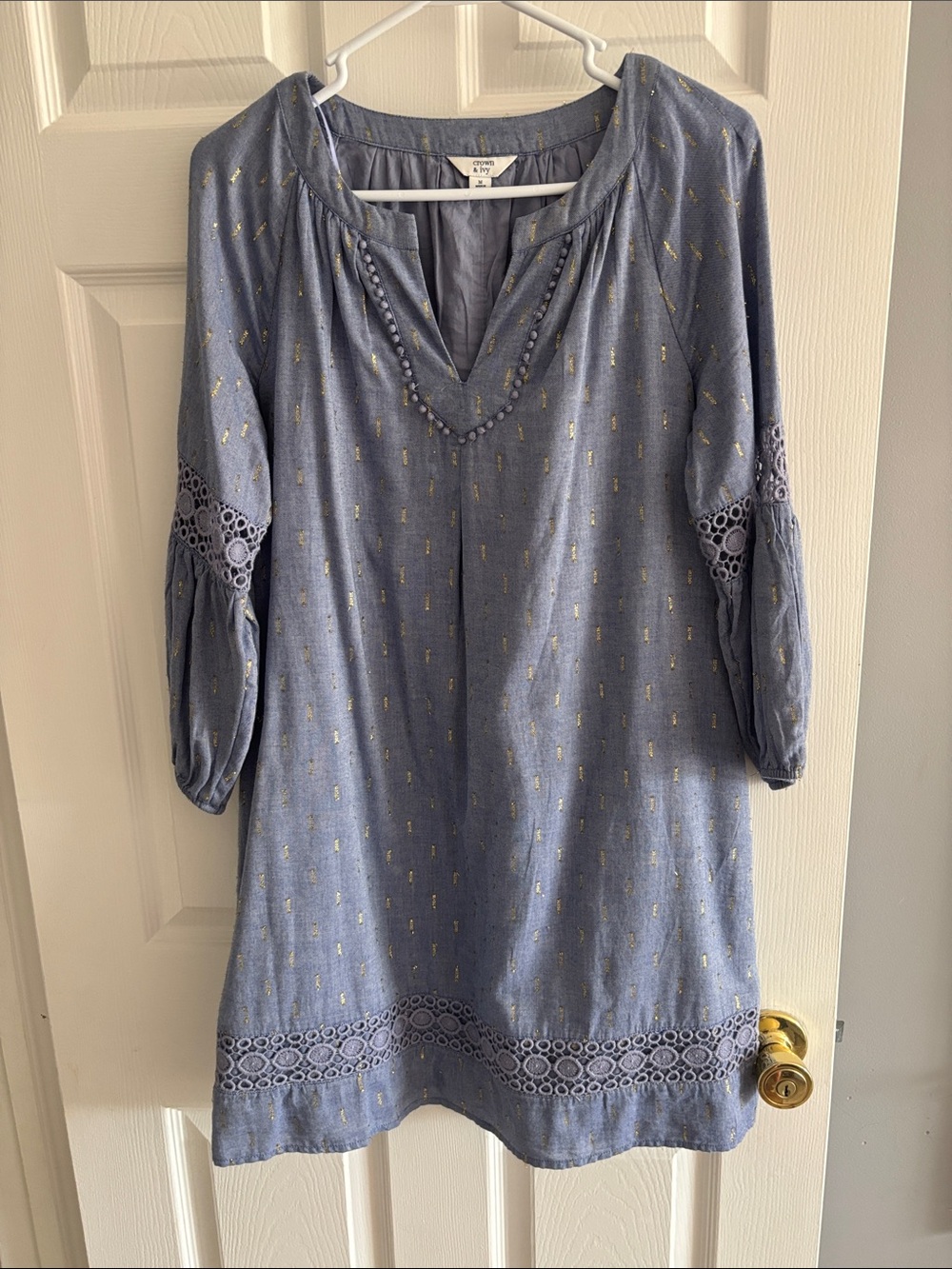 Crown & Ivy Blue Midi Dress w Gold Foil Accents